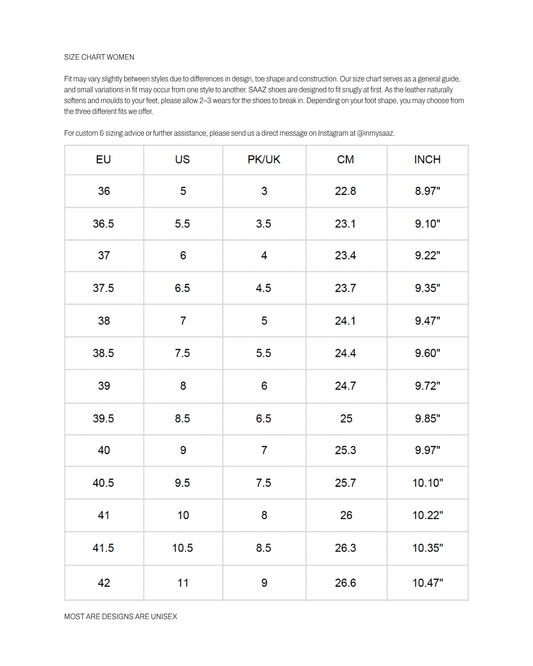 SAAZ women shoe size chart