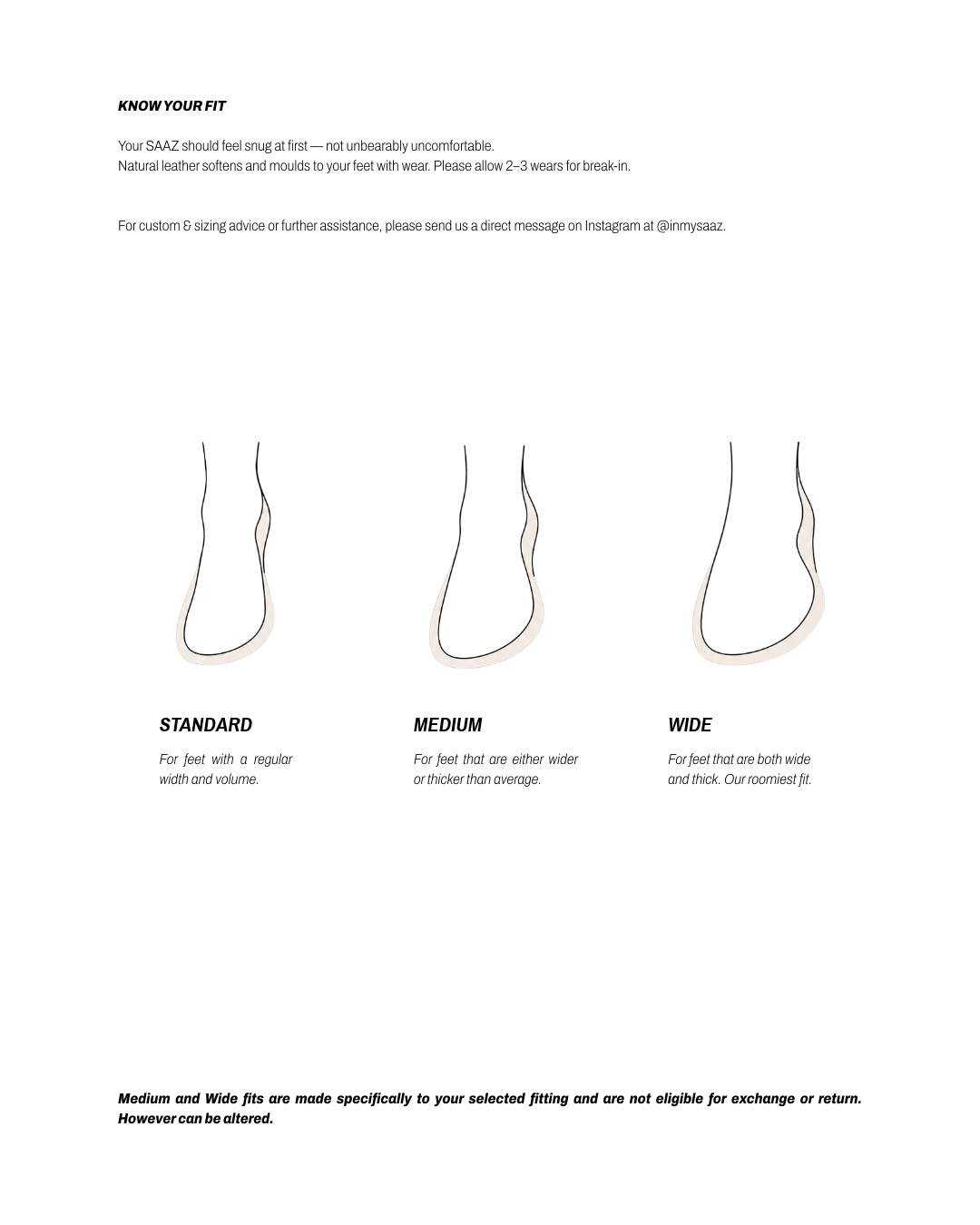 SAAZ standard, medium and wide fit guide