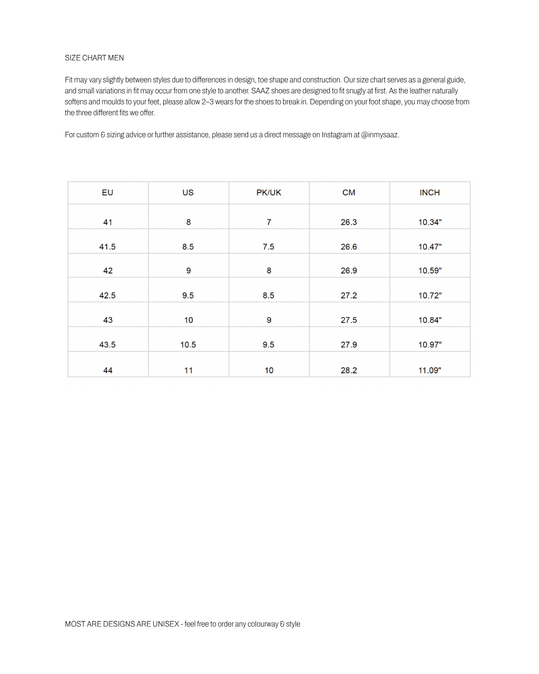 SAAZ men size chart
