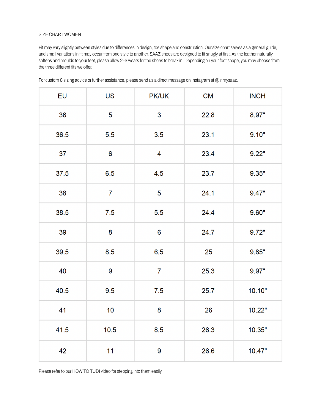 SAAZ tudi size chart
