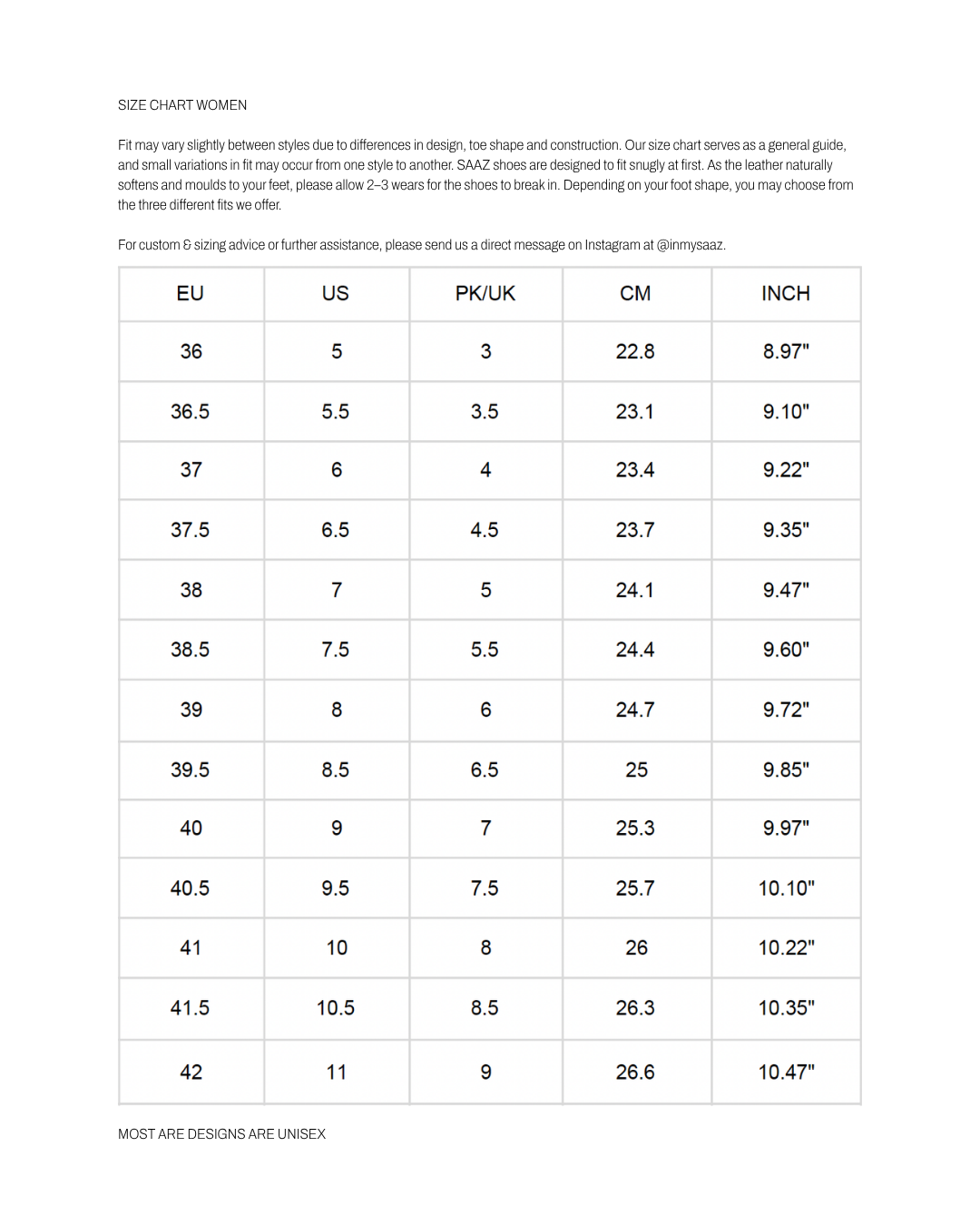 SAAZ women shoe size chart